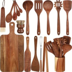 [Wooden Kitchen Utensils Set] 18pcs Wooden Kitchen Utensils Set with Holder, Cutting Board, Spatulas, Spoons, Tong, Whisk & Accessories