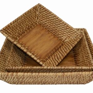 3pc square rattan bowl with bamboo bottom